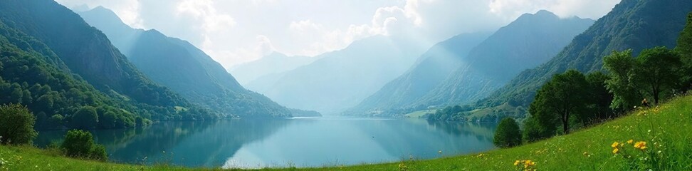 Obraz premium Serene mountain landscape perfect for a peaceful retreat Misty peaks, lush green valley, and a tranquil lake offer a sense of calm and rejuvenation , solitude, nature, valley