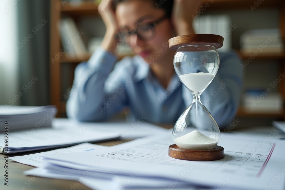 Poster time running out: overdue invoices piling up as frustrated individual struggles at cluttered desk