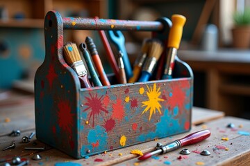 Colorful Toolbox Filled with Paint-Splattered Tools and Scattered Hardware