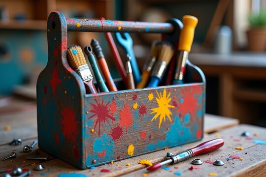 Colorful Toolbox Filled with Paint-Splattered Tools and Scattered Hardware - Powered by Adobe
