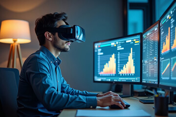 Accountant utilizing virtual reality goggles to analyze financial data at their workstation.