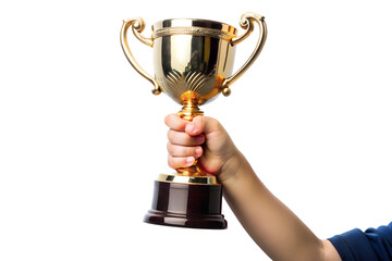 Hand holding a golden trophy isolated on transparent background, symbolizing victory, achievement, and success in sports, business, or competition, celebrating triumph