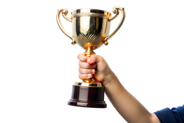 Hand holding a golden trophy isolated on transparent background, symbolizing victory, achievement, and success in sports, business, or competition, celebrating triumph
