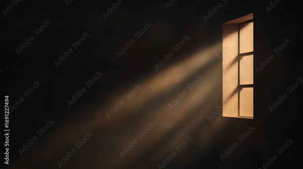 Poster illuminated window: light streams through a window in a darkened room, highlighting the architecture