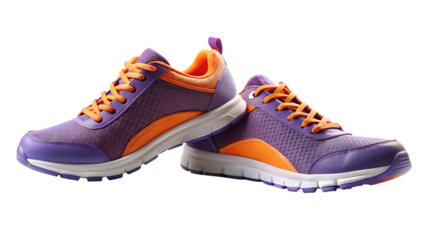 Pair of purple and orange running shoes isolated on transparent background, perfect for jogging, fitness, or casual wear, offering comfort and style