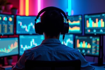 Neon-lit data analyst surrounded by screens filled with colorful graphs and charts