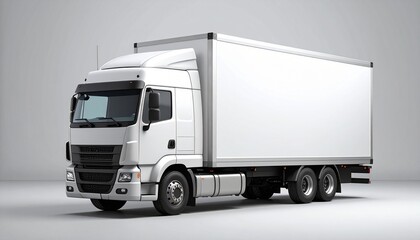 Front view of a large white box truck with enclosed cargo area, dual rear axles, modern grille, and side mirrors, positioned in a neutral studio setting.