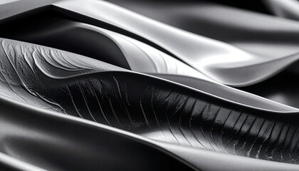 An abstract composition featuring smooth, undulating surfaces in varying shades of grey and black. 