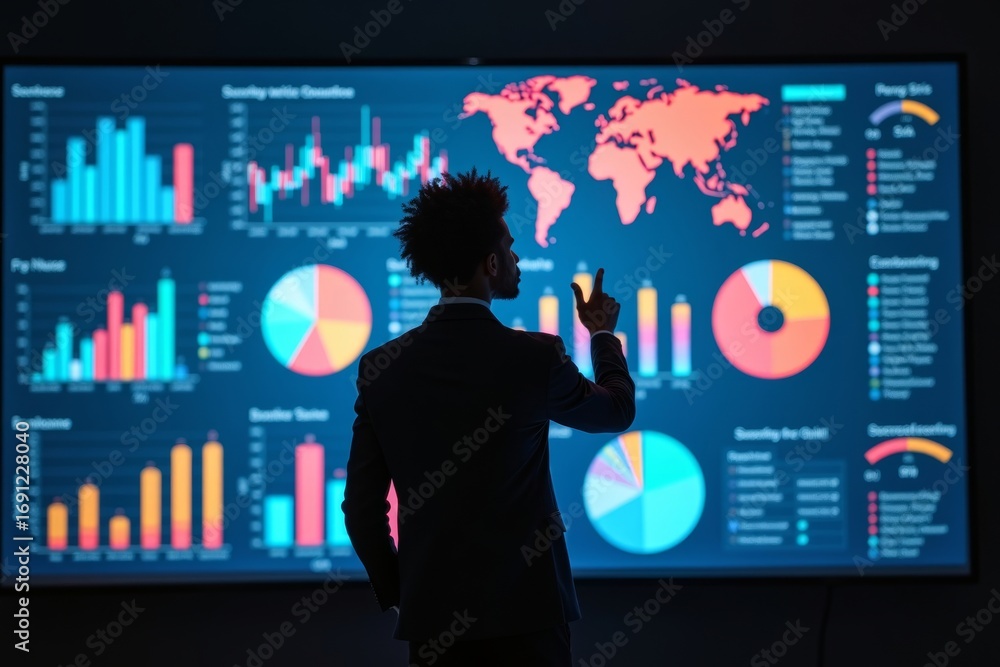 Poster an african american data analyst immersed in a colorful display of data visualizations from above