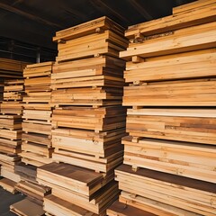 Obraz premium Stacks of wood planks in a lumberyard Stacked wooden boards in a woodworking industry