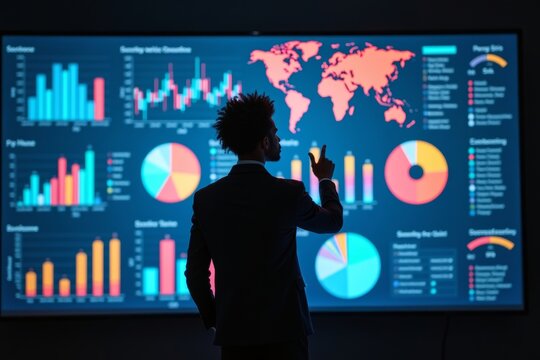 An African American data analyst immersed in a colorful display of data visualizations from above