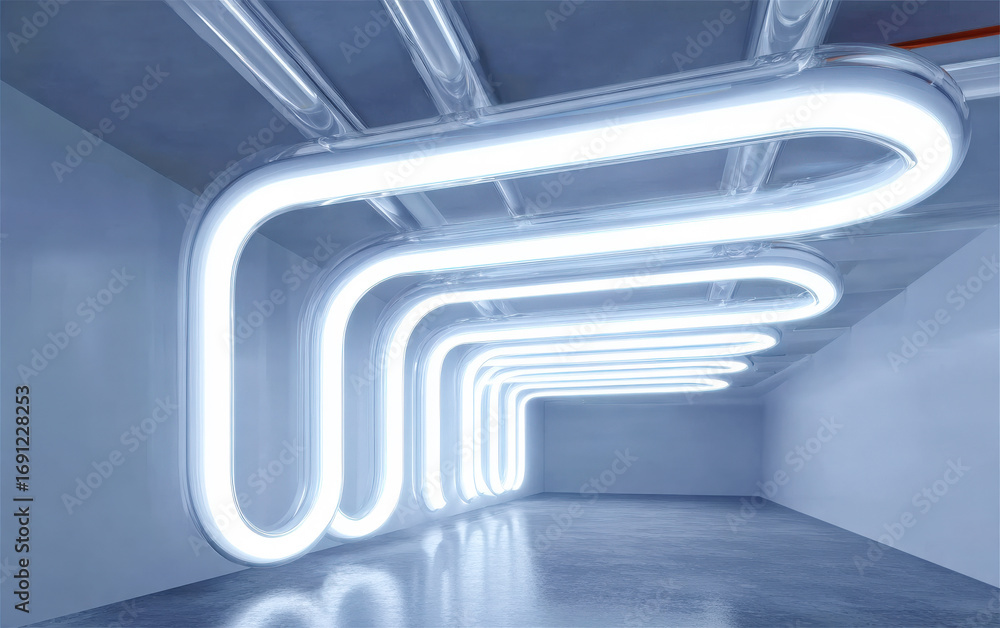 Poster modern neon lights forming a curved pattern in an empty room