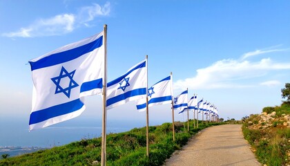 Israeli flag waving on a flagpole against a dramatic sky with warm sunset hues, featuring blue stripes and central Star of David on a white field.