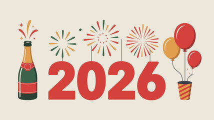 Champagne celebration with fireworks and balloons marks the arrival of 2026 with festive joy