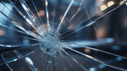 Shattered glass with radial cracks against a blurred background of light bokeh
