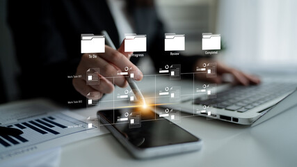 Task workflow system showing document progress through stages. Task tracking improves productivity, ensures visibility, task tracking supports planning, and task tracking manages status. Latch