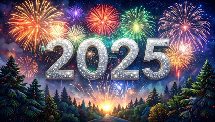 Festive New Year's Eve fireworks over a forest