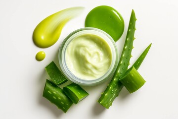 Aloe vera cream in jar with fresh leaves and green gel on white background for skincare