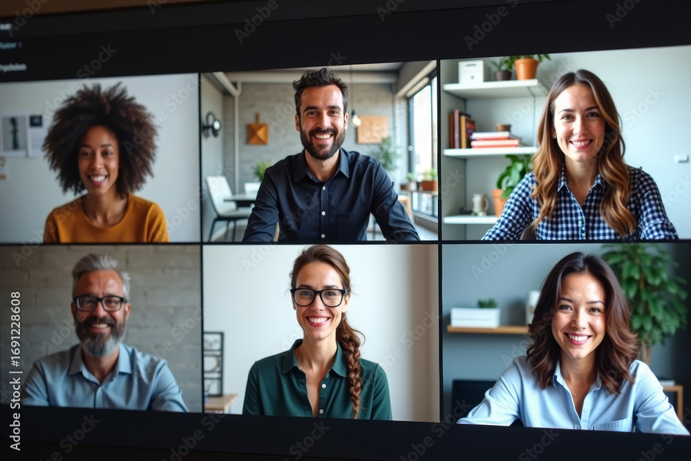 Poster managing a remote business: diverse backgrounds on display in a video conference call screen
