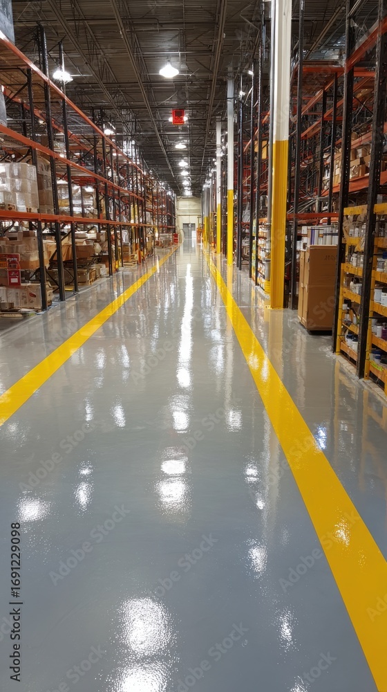 Poster stunning photo of warehouse floor finished with a high-gloss epoxy coating, applied using a self-lev