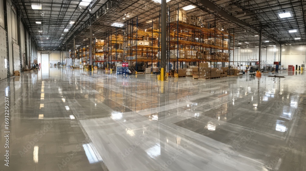 Poster stunning photo of warehouse floor finished with a high-gloss epoxy coating, applied using a self-lev