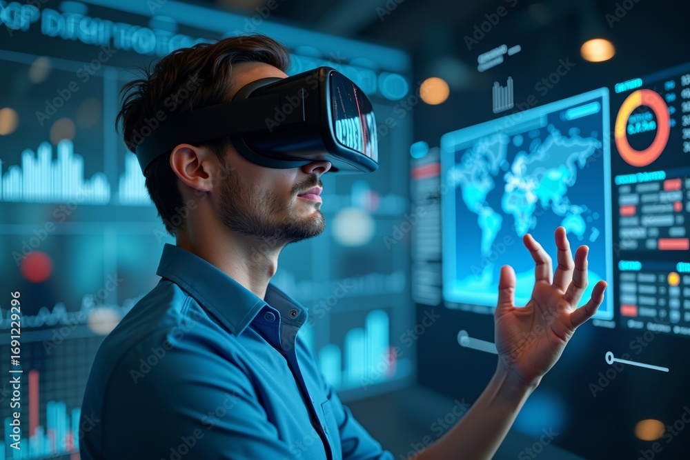 Poster visualizing financial data analysis in virtual reality: an analyst immersed in a virtual world