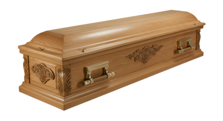 Wooden coffin with ornate handles isolated png on transparent background