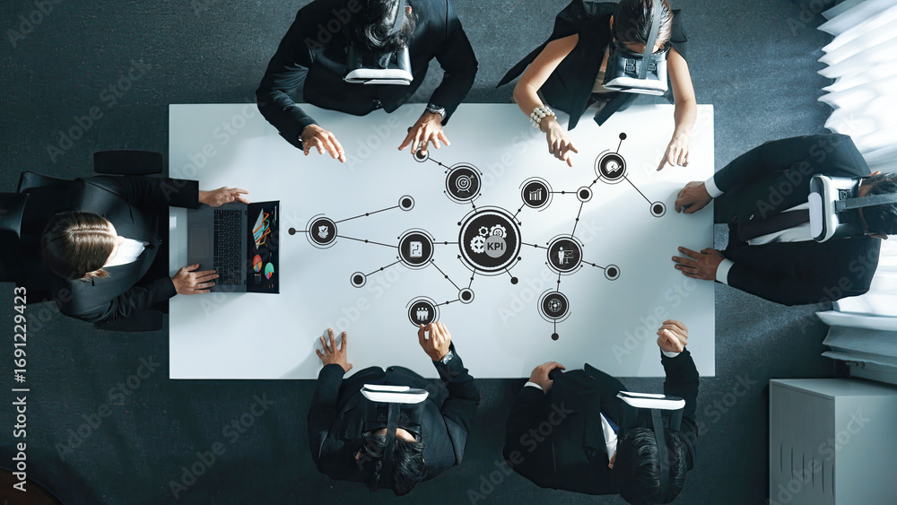 Poster Business Team Collaborating in Virtual Meeting with Data Visualization and Analytics Concepts, Focused on Key Performance Indicators and Strategy. Amity