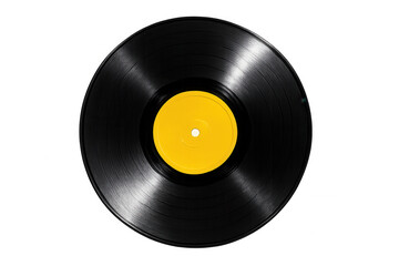 Shiny black vinyl record with yellow label isolated on transparent background, representing music, nostalgia, and analog audio technology