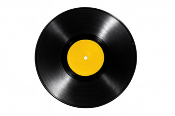 Shiny black vinyl record with yellow label isolated on transparent background, representing music, nostalgia, and analog audio technology