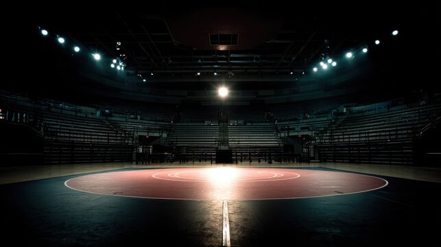 Stunning photo of spotlit Wrestling Mat in an Empty Arena.