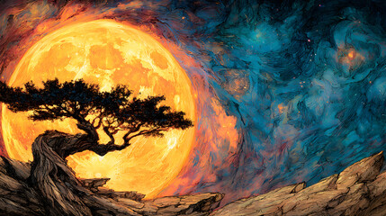 A silhouetted tree sits atop a rocky landscape, framing a large, bright yellow moon in the background. Abstract, swirling clouds fill the sky.