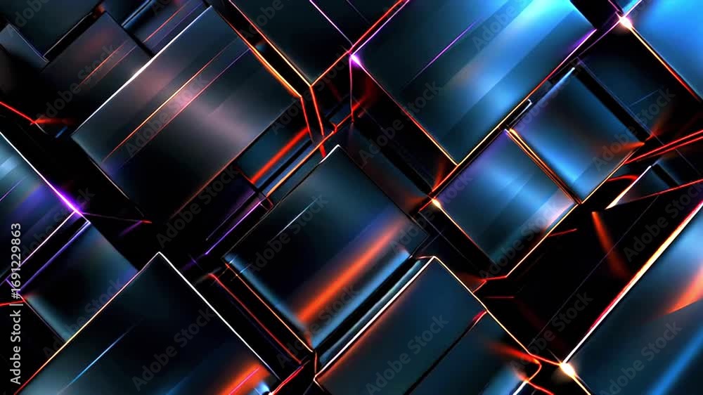 Poster metallic geometric cubes rotating, creating abstract futuristic pattern with vibrant orange purple r