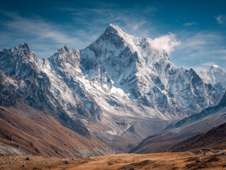 Breathtaking view of towering snow-covered mountain peaks under a clear blue sky above rugged brown valley terrain during daytime