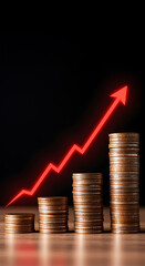 Increasing stacks of golden coins arranged as a growth graph with a red arrow pointing up, illustrating business profit and investment return