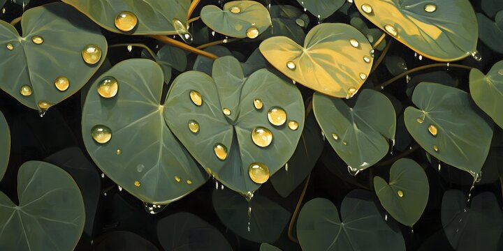Green heart shaped leaves covered in glistening water droplets with some leaves showing yellow tones