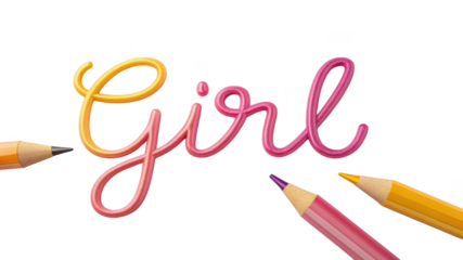 Handwritten word girl in pink and yellow cursive, surrounded by colored pencils on a transparent background