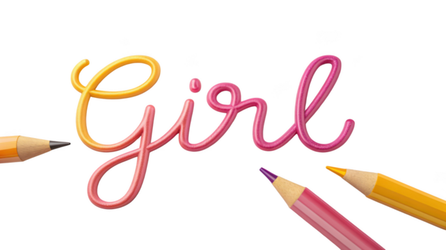 Handwritten word girl in pink and yellow cursive, surrounded by colored pencils on a transparent background