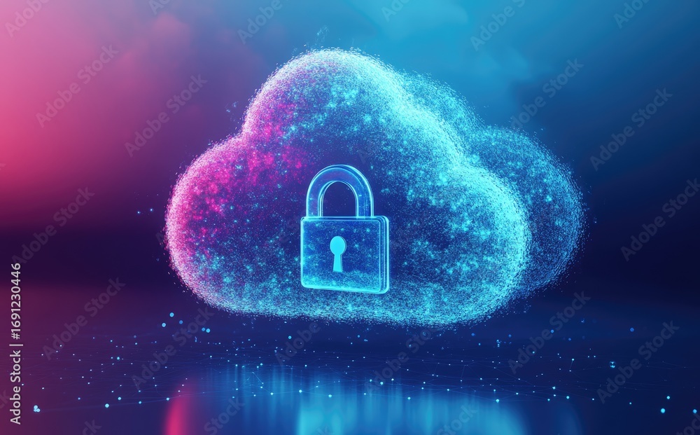 Poster 3d rendering of glowing cloud with padlock symbol, representing cloud security, data protection, and