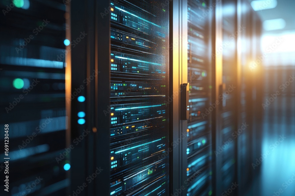 Poster close-up view of server racks in modern data center with glowing lights, representing data storage, 