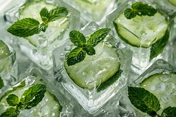 Obraz premium Refreshing ice cubes with cucumber and mint leaves