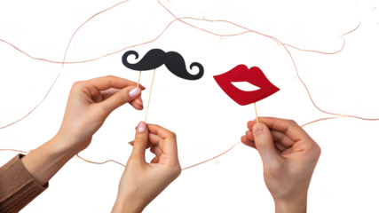 Hands holding a mustache and lips photo booth props with fairy lights, isolated on transparent background