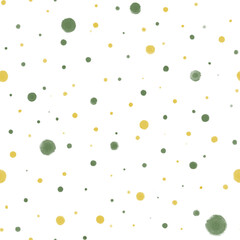 Seamless watercolor pattern with green and yellow dots . Minimalist geometric design for fabrics, packaging, wallpapers, and stationery.