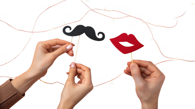 Hands holding a mustache and lips photo booth props with fairy lights, isolated on transparent background