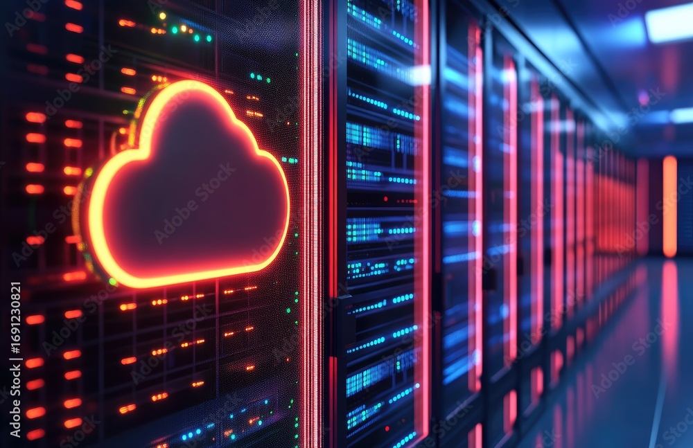 Poster red glowing cloud icon in futuristic server room with illuminated racks, symbolizing cloud computing