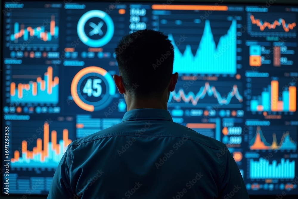 Poster a data analyst immersed in a stunning visualization of dynamic data