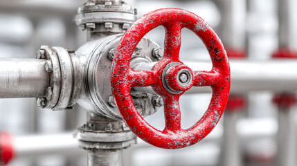Industrial pipe valve with a weathered red handle in a modern facility