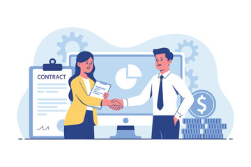 Business professionals shaking hands in front of a large screen displaying a financial chart and contract documents signifying agreement and success. transparent background