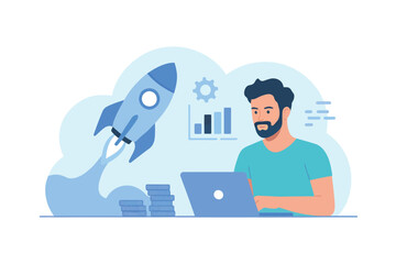 Entrepreneurial success startup rocket launch business growth teamwork technology innovation concept transparent background