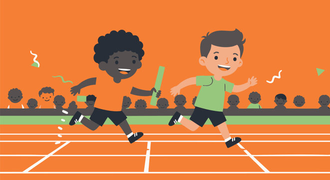 Children's relay race illustration Two young runners passing the baton on a track